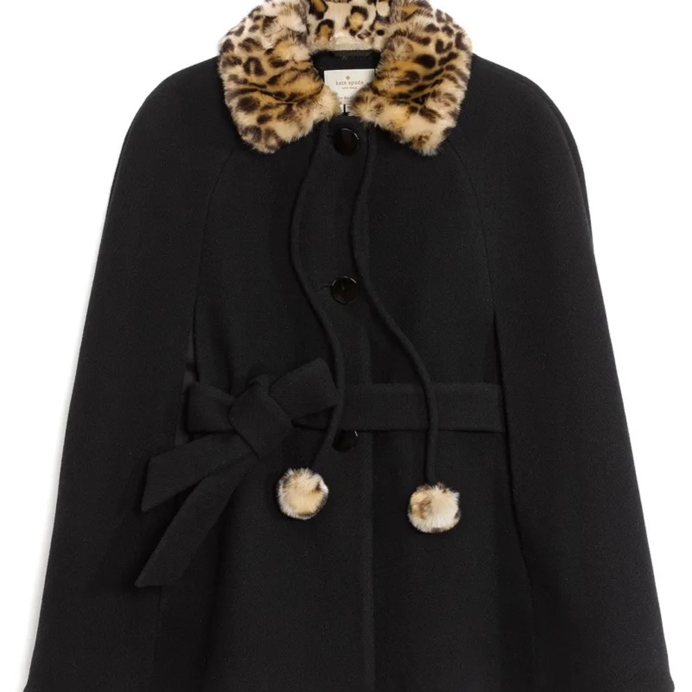 Kate Spade Black Cape Shrug Poncho coat with Leopard-Print Trim NWOT